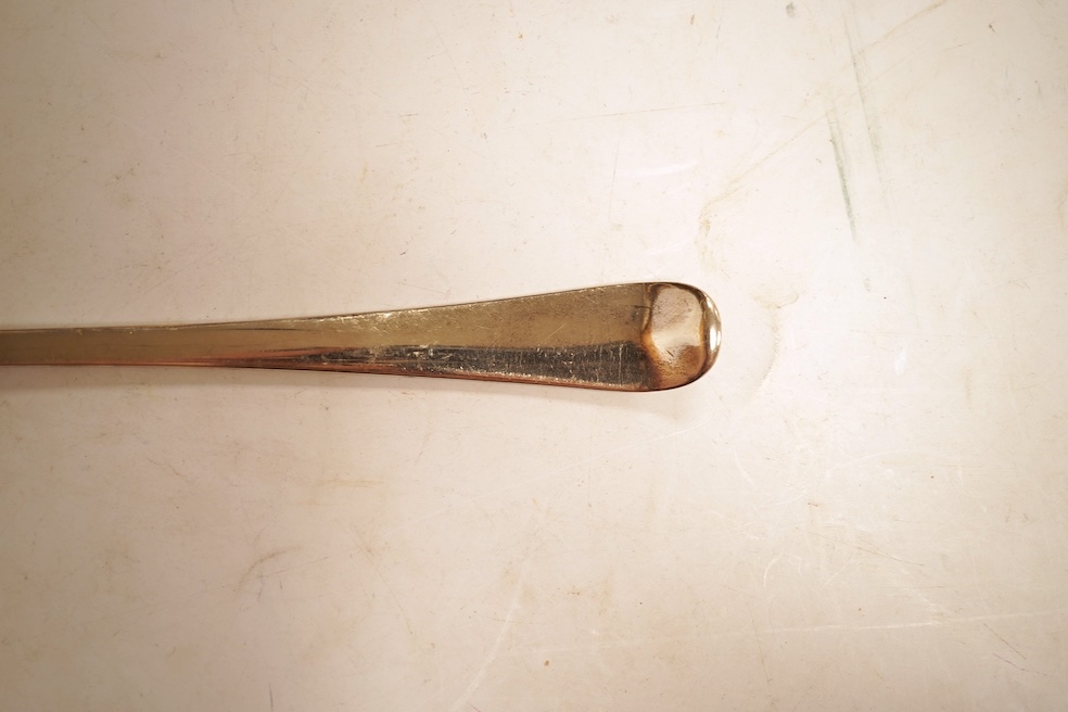 An early George III silver Old English pattern soup ladle, John Lampfert, London, 1768, 32.3cm, 4.3oz.